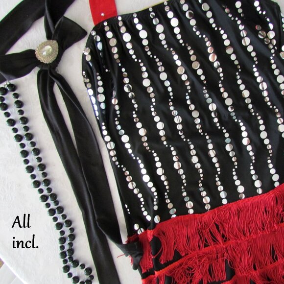 GIRL'S XL DANCE COSTUME, ROARING 20s FLAPPER WEISSMAN BLACK w RED FRINGE, EXTRAS - Picture 7 of 10